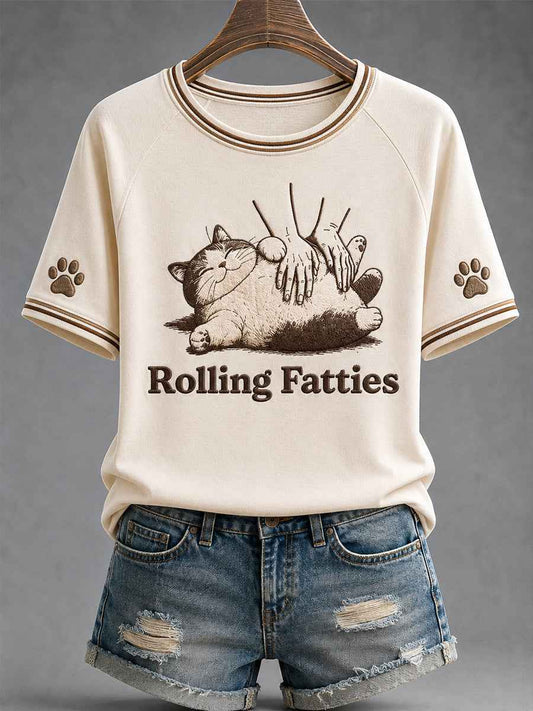 Women's Funny Cute Fat Cat Print Gift For Cat Lovers Casual Tee
