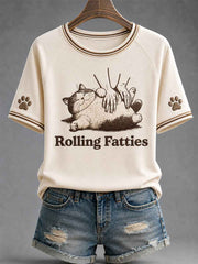 Women's Funny Cute Fat Cat Print Gift For Cat Lovers Casual Tee