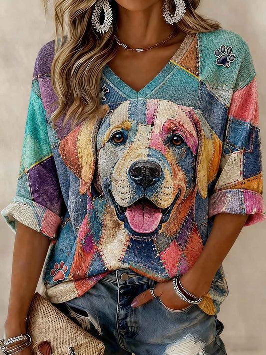 Women's Art Dog Printed Mid-length Sleeves V-neck T-shirt