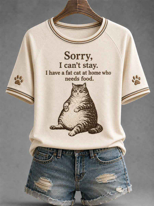 Women's Funny Cute Fat Cute Cat Print Gift For Cat Lovers Casual Tee