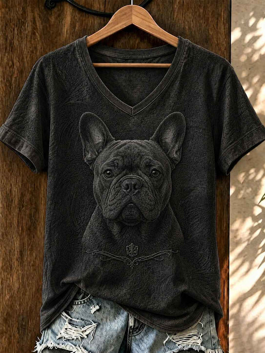 Women's Art Dog Printed V-neck T-shirt