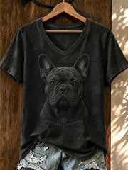 Women's Art Dog Printed V-neck T-shirt