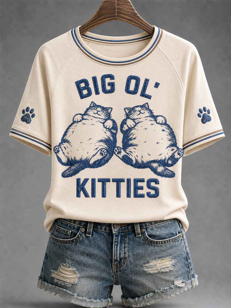 Women's Funny Cute Fat Cat Print Gift For Cat Lovers Casual Tee