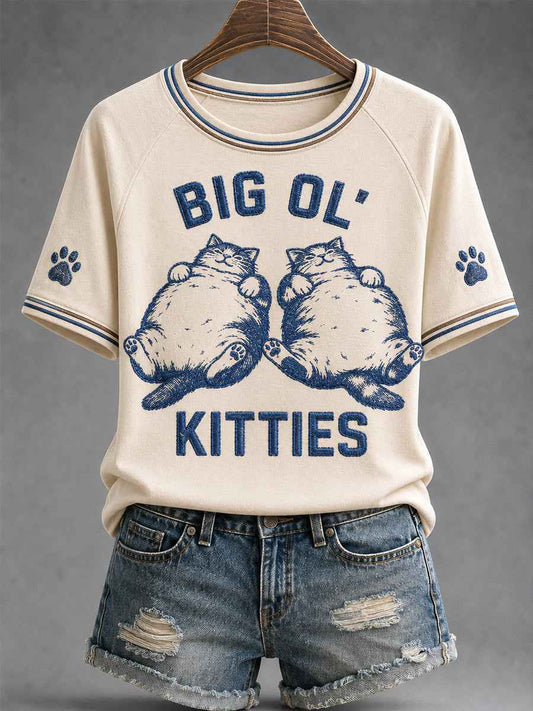 Women's Funny Cute Fat Cat Print Gift For Cat Lovers Casual Tee