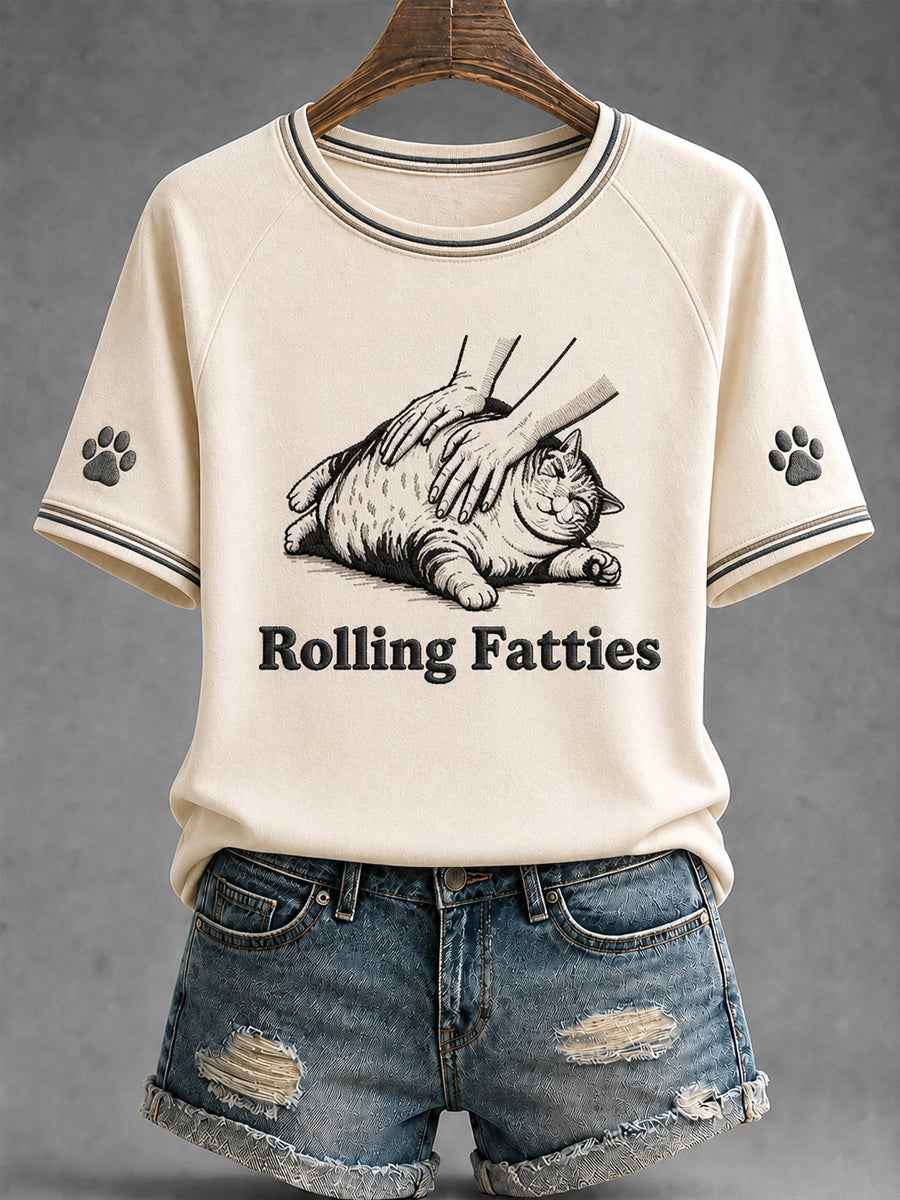Women's Funny Cute Fat Cat Print Gift For Cat Lovers Casual Tee
