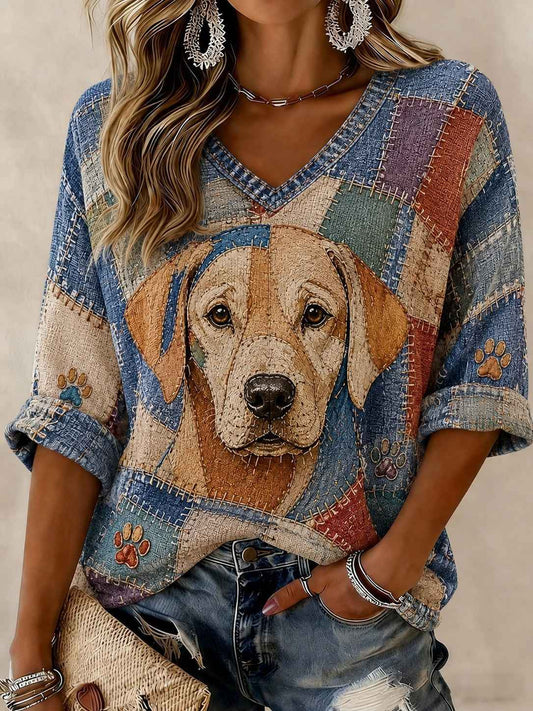Women's Art Dog Printed Mid-length Sleeves V-neck T-shirt