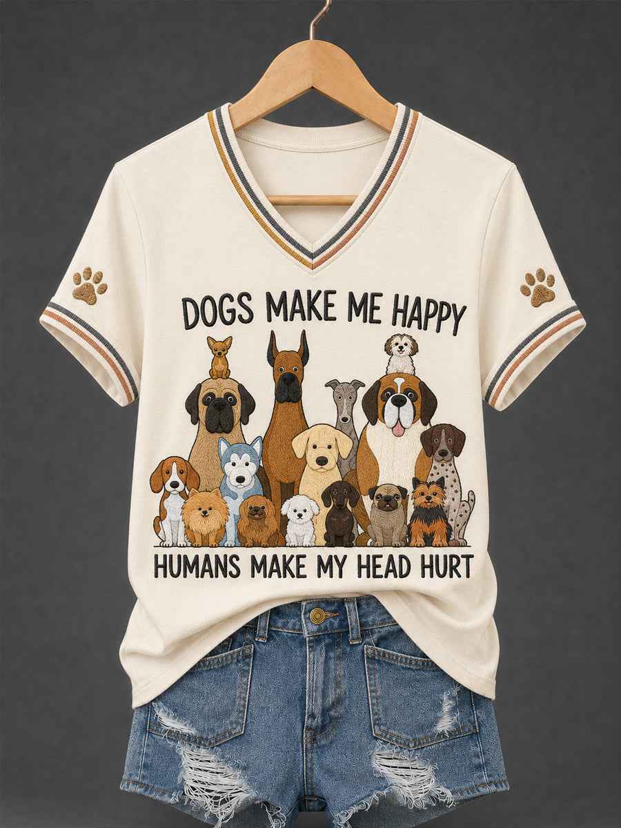 Women's Funny Dogs Make Me Happy Humans Make My Head Hurt Print Dog Lovers Gift Casual Tee