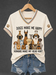 Women's Funny Dogs Make Me Happy Humans Make My Head Hurt Print Dog Lovers Gift Casual Tee