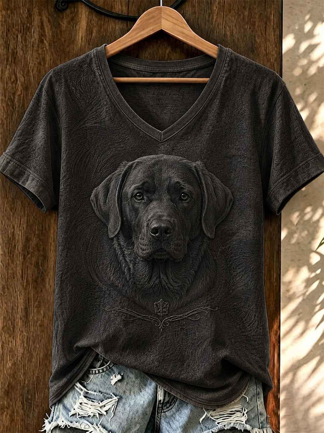 Women's Art Dog Printed V-neck T-shirt
