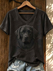 Women's Art Dog Printed V-neck T-shirt