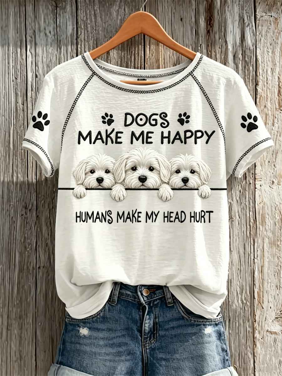 Women's Dogs Make Me Happy Humans Make My Head Hurt Peeking Maltese Dogs Print T-shirt