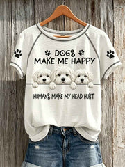 Women's Dogs Make Me Happy Humans Make My Head Hurt Peeking Maltese Dogs Print T-shirt