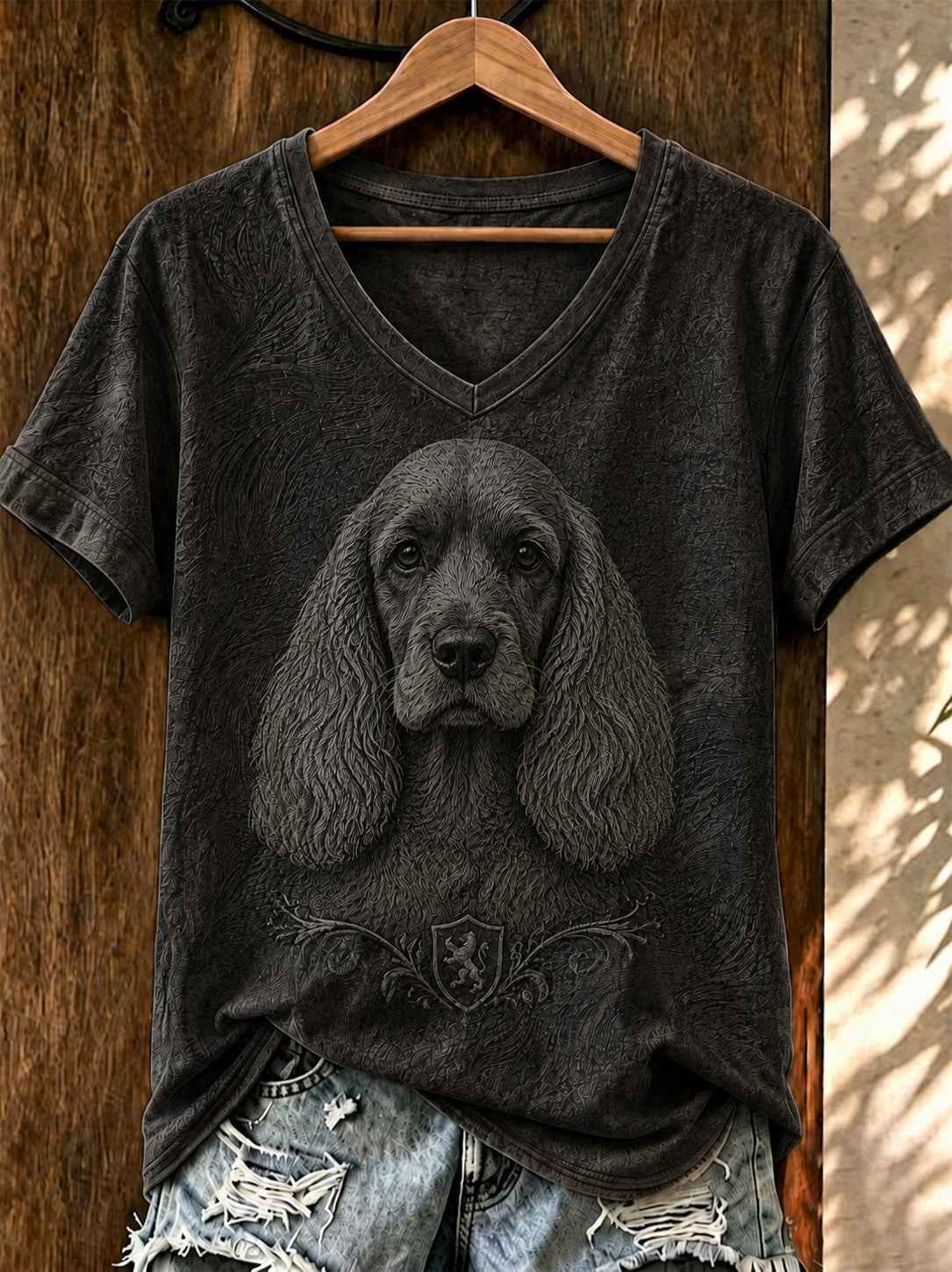Women's Art Dog Printed V-neck T-shirt