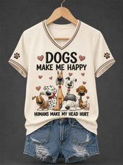 Women's Funny Dogs Make Me Happy Humans Make My Head Hurt Print Dog Lovers Gift Casual Tee