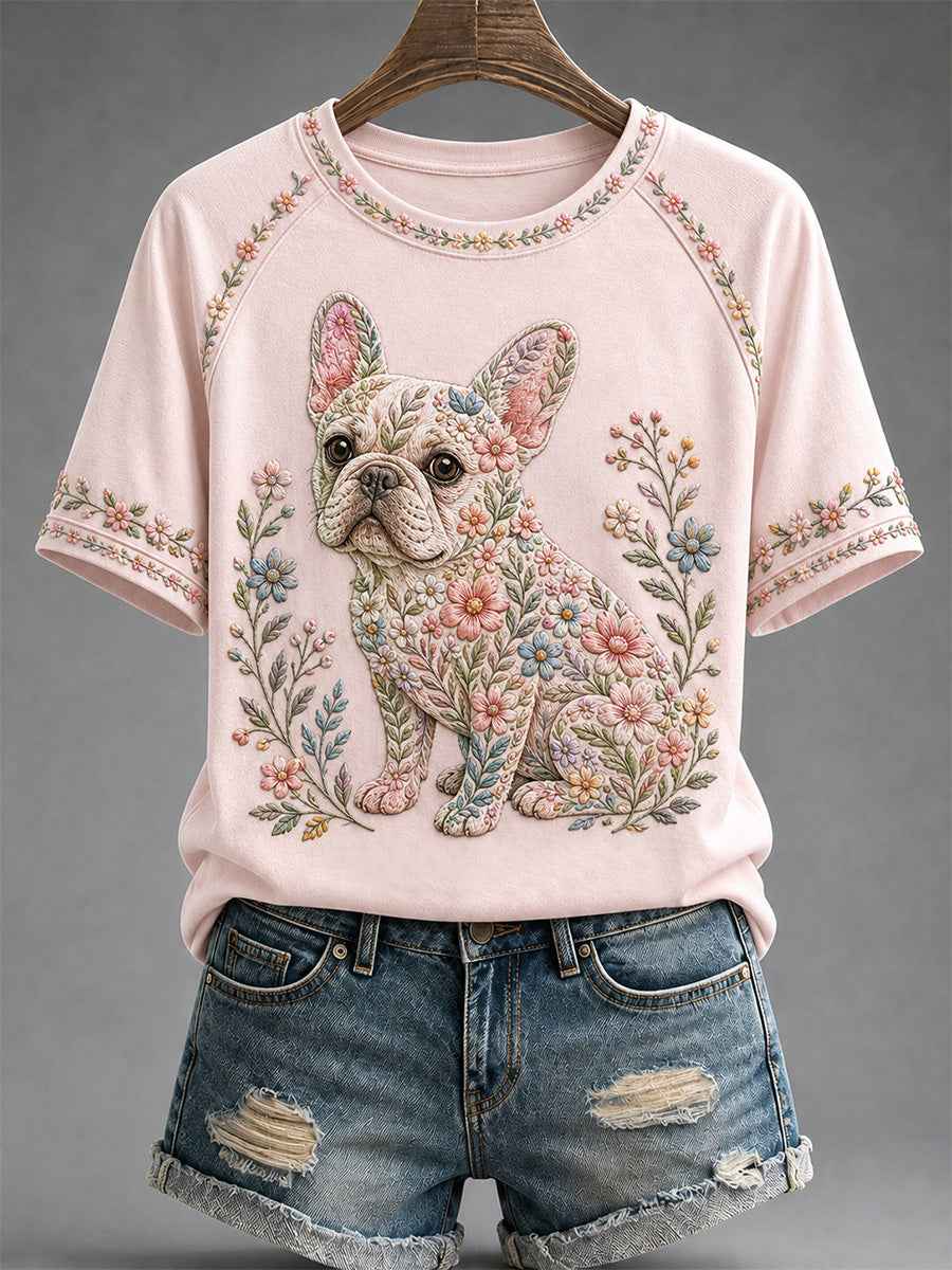 Women's Floral Dog Print Casual Tee