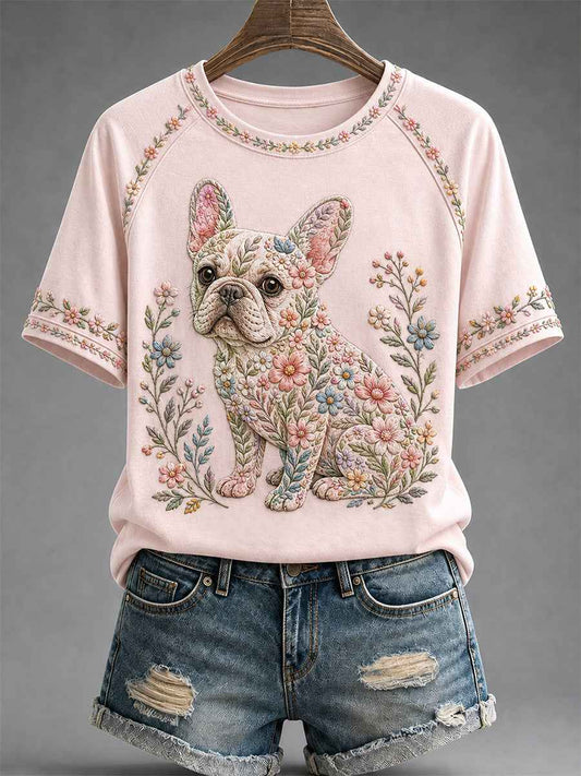 Women's Floral Dog Print Casual Tee