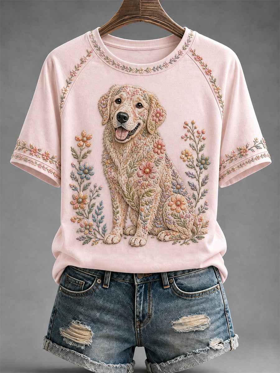 Women's Floral Dog Print Casual Tee