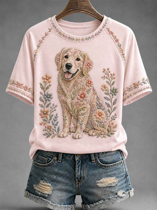 Women's Floral Dog Print Casual Tee