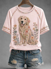 Women's Floral Dog Print Casual Tee
