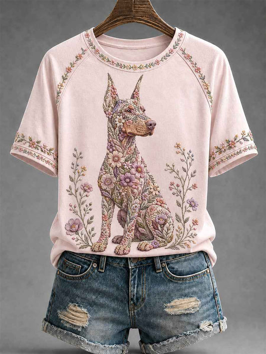 Women's Floral Dog Print Casual Tee