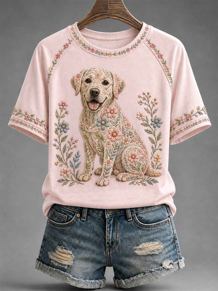 Women's Floral Dog Print Casual Tee