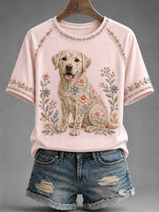 Women's Floral Dog Print Casual Tee