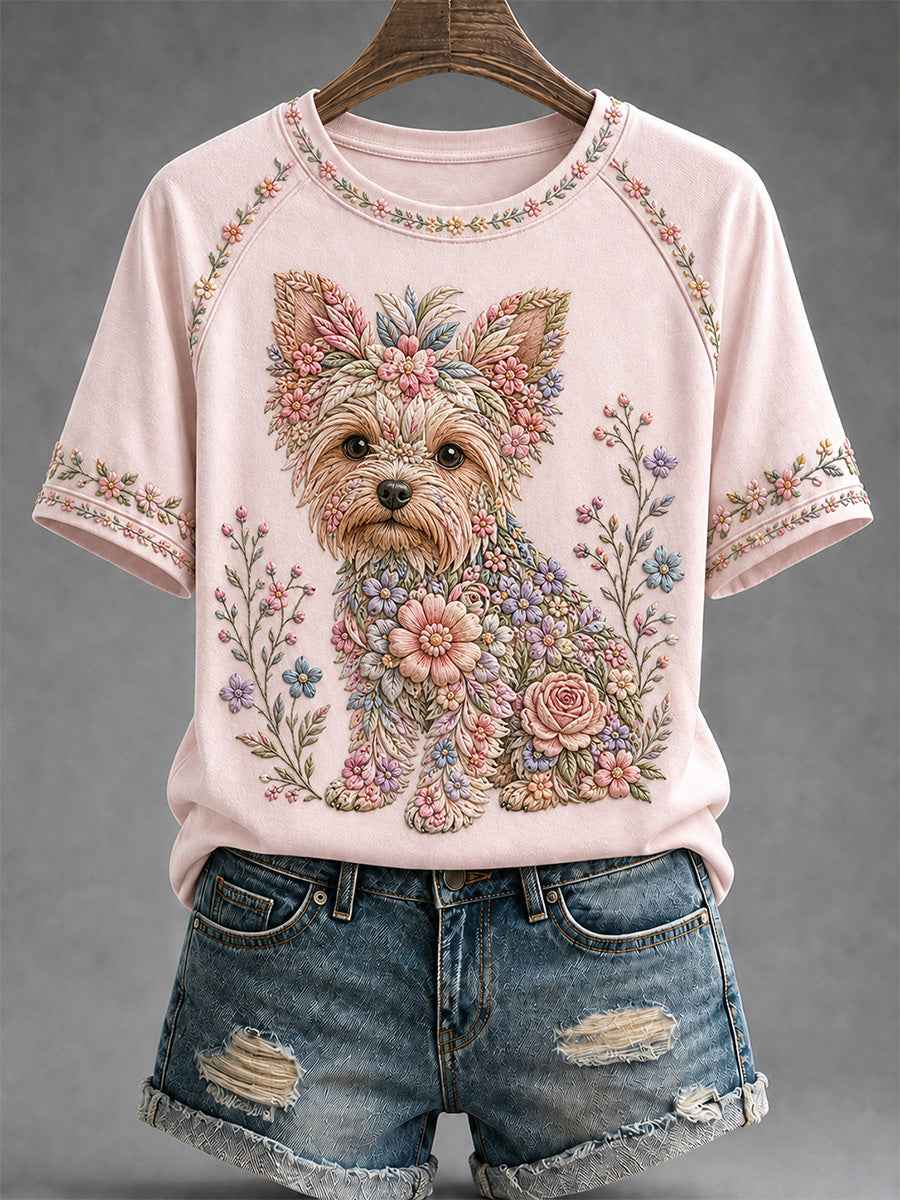 Women's Floral Dog Print Casual Tee