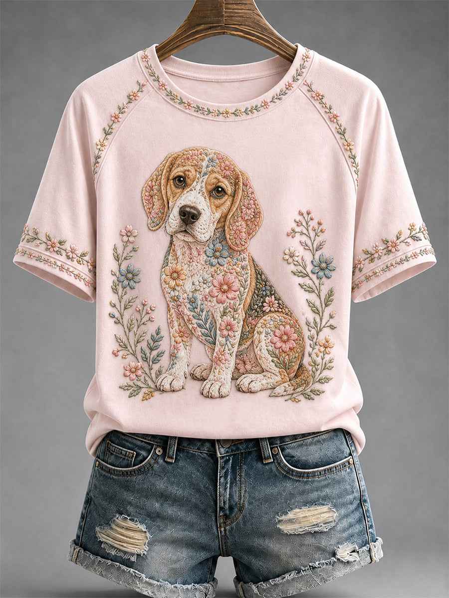 Women's Floral Dog Print Casual Tee