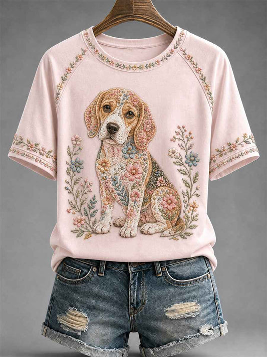 Women's Floral Dog Print Casual Tee