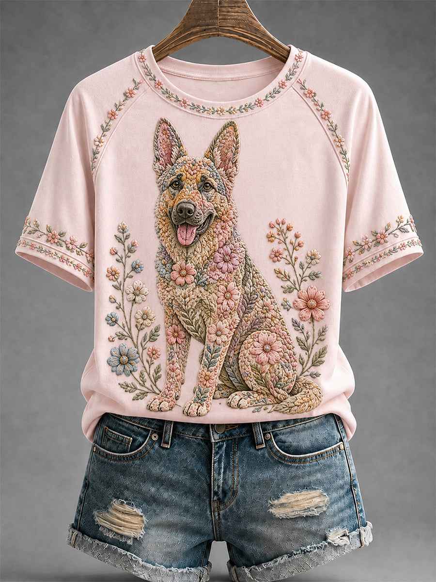 Women's Floral Dog Print Casual Tee
