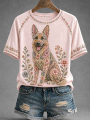 Women's Floral Dog Print Casual Tee