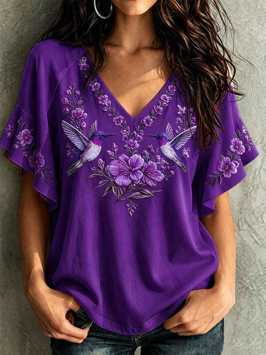 Women's Alzheimer's Awareness Hummingbird Flowers Hang Shot Short Sleeve T-Shirt