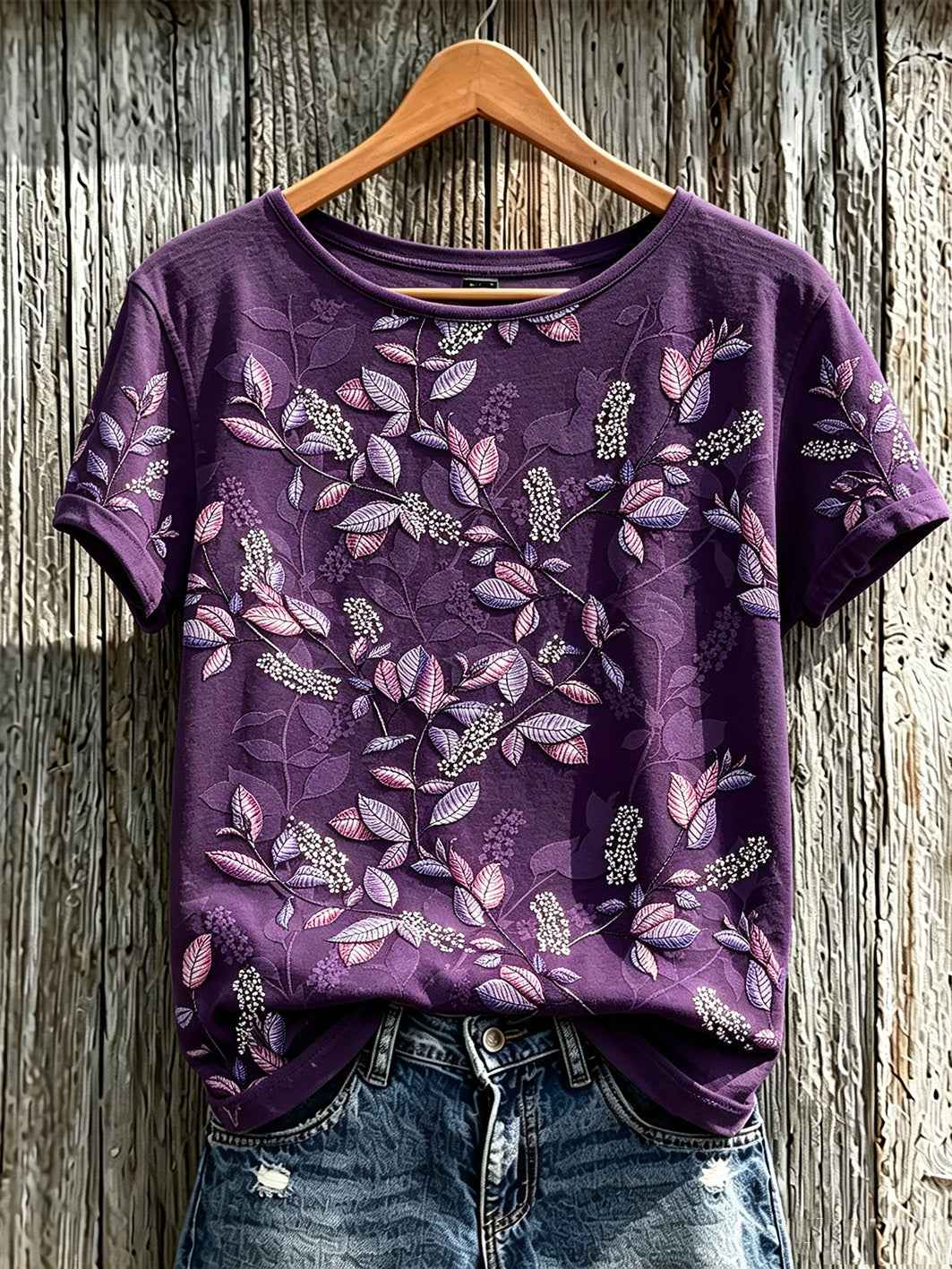Women's Purple Plant Flower Pattern Printed Casual Short-Sleeved T-shirt