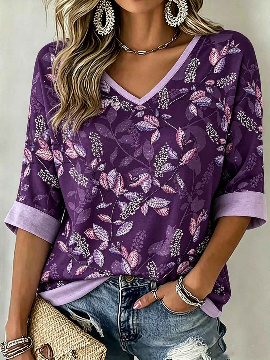 Women's Purple Plant Flower Pattern Printed Casual Mid-length Sleeves V-Neck T-Shirt
