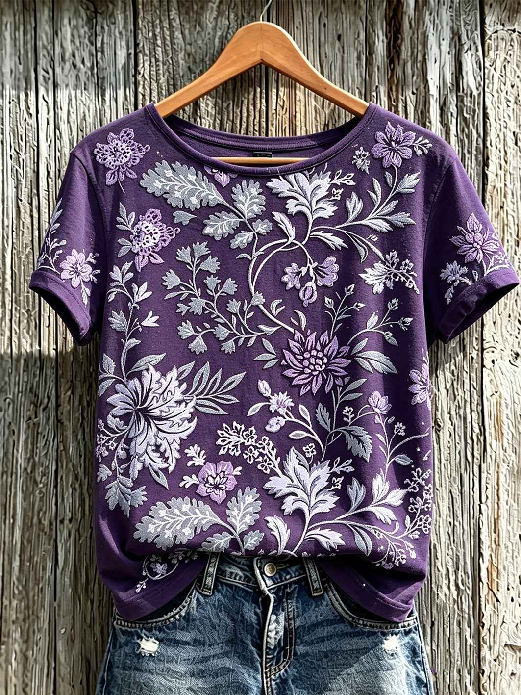 Women's Purple Plant Flower Pattern Printed Casual Short-Sleeved T-shirt