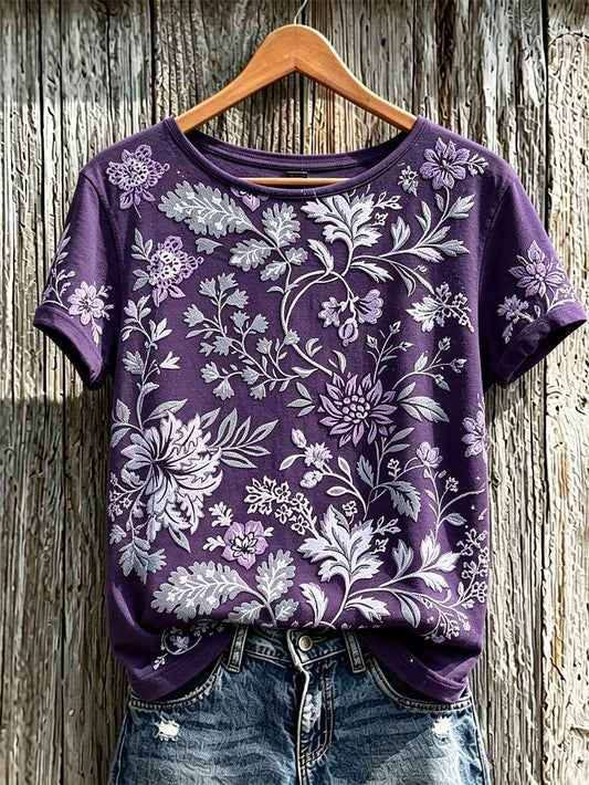 Women's Purple Plant Flower Pattern Printed Casual Short-Sleeved T-shirt