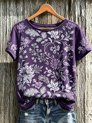 Women's Purple Plant Flower Pattern Printed Casual Short-Sleeved T-shirt