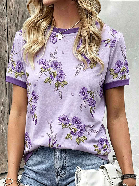 Women's Purple Plant Flower Pattern Printed Casual Cotton-Linen Shirt