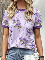 Women's Purple Plant Flower Pattern Printed Casual Cotton-Linen Shirt