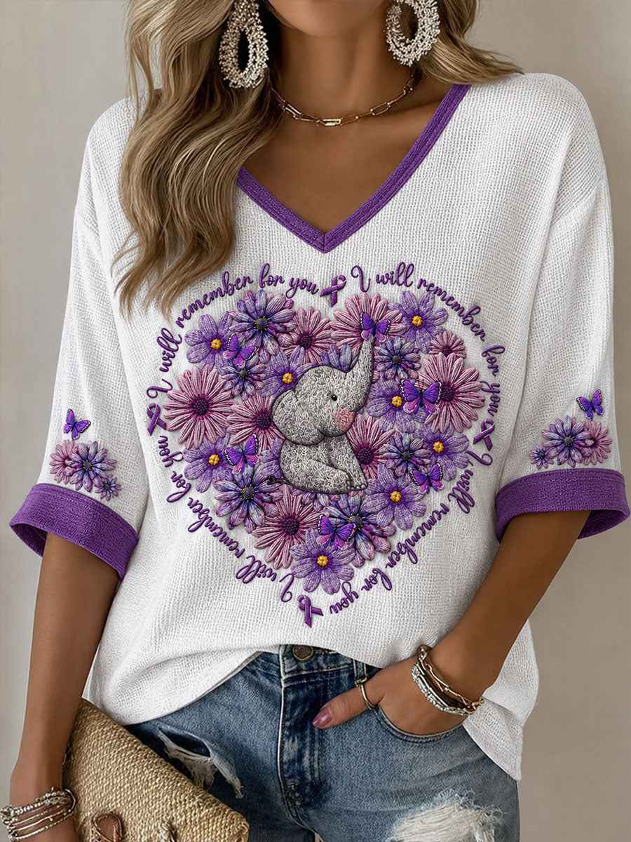Women's Alzheimer's Awareness Elephant Flowers Waffle T-shirt