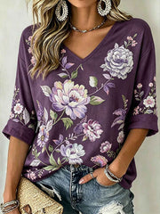Women's Purple Plant Flower Pattern Printed Casual Mid-length Sleeves V-Neck T-Shirt
