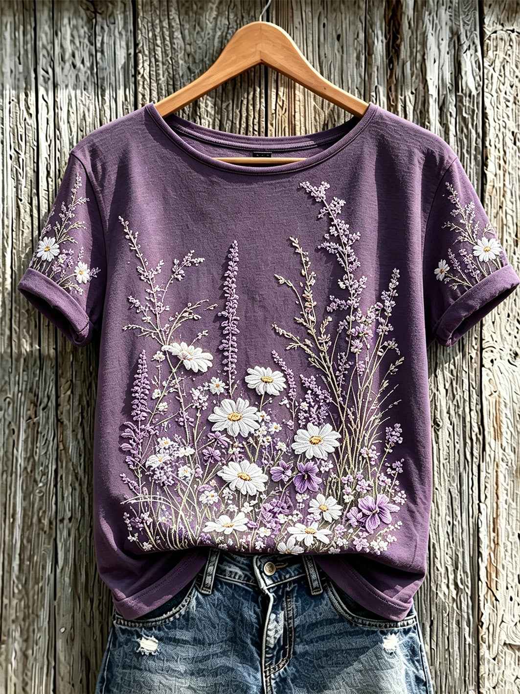 Women's Purple Plant Flower Pattern Printed Casual Short-Sleeved T-shirt