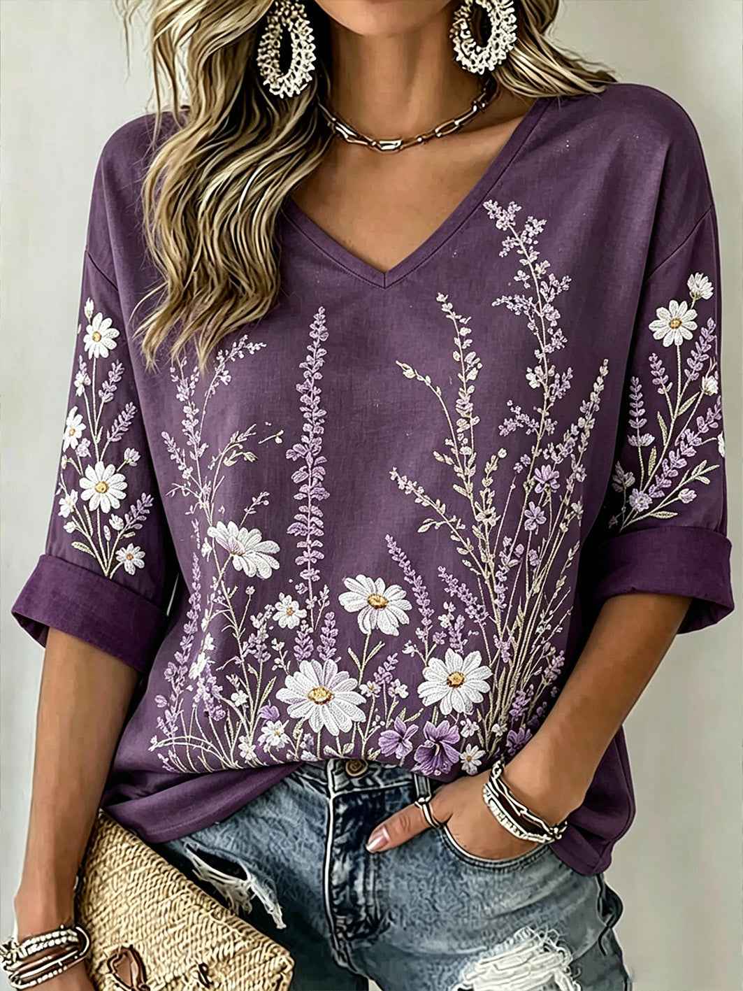 Women's Purple Plant Flower Pattern Printed Casual Mid-length Sleeves V-Neck T-Shirt