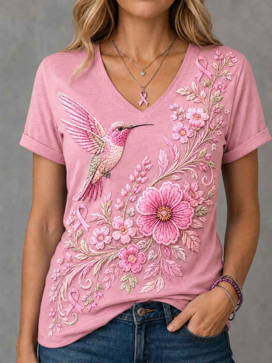Women's Pink Floral & Hummingbird Print Breast Cancer Awareness Support V-Neck Tee