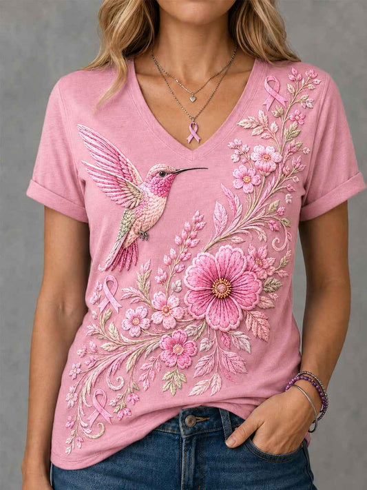 Women's Pink Floral & Hummingbird Print Breast Cancer Awareness Support V-Neck Tee