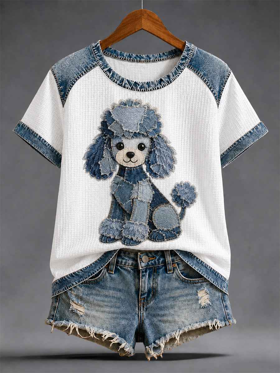 Women's Denim Patchwork Dog Print Waffle Casual Tee