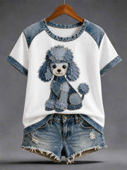 Women's Denim Patchwork Dog Print Waffle Casual Tee