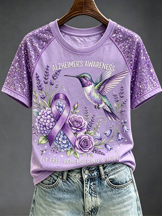 Women's Purple Ribbon Awareness Print Round Neck Short Sleeve T-shirt gracestitchs