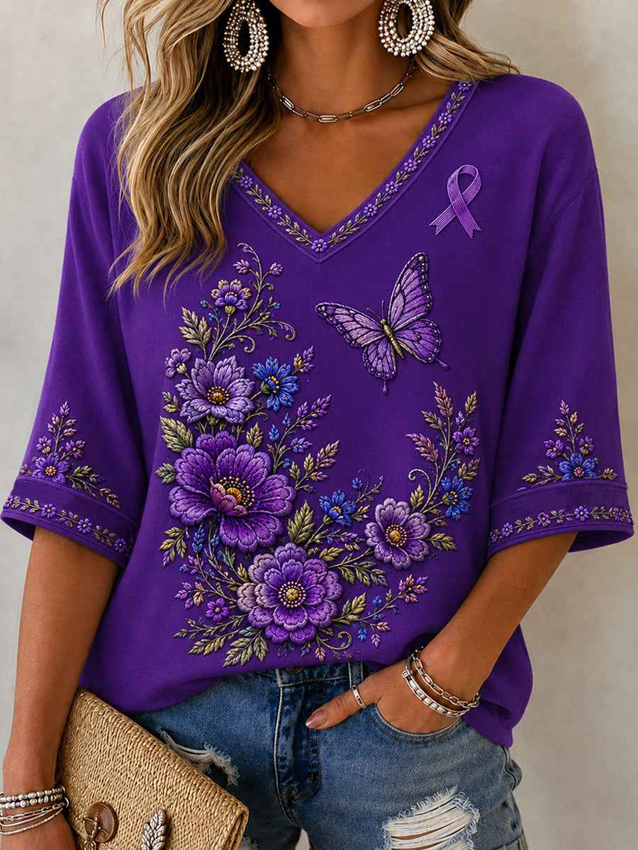 Women's Purple Floral & Butterfly Print Alzheimer's Awareness Support V-Neck Tee