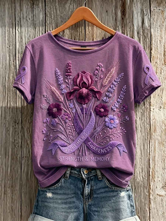 Women's Classy Purple Ribbon Awareness Floral Print Short-sleeved T-shirt